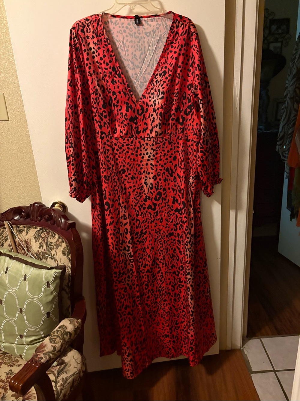 Red Leopard Print Maxi Dress with V-Neck